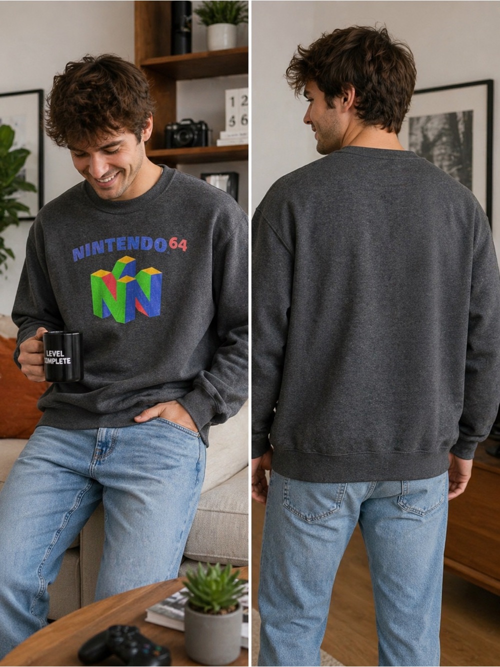 Nintendo 64 - Jerzees - Heathered Charcoal Crewneck Sweater - Unisex Medium